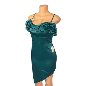 Pear Culture Cocktail‎ Dress Women Size 1 Emerald Green Ruffle Satin NWT